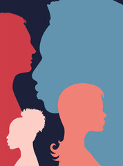 Diversity multi-ethnic and multiracial people poster. Silhouette profile group of men and women of diverse culture. Concept of racial equality and anti-racism. Multicultural society - obrazy, fototapety, plakaty