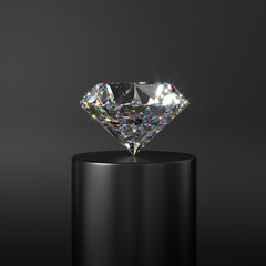 Beautiful sparkling diamond on a stand on a black background. Shows perfect cut and light refraction. 3d rendering.