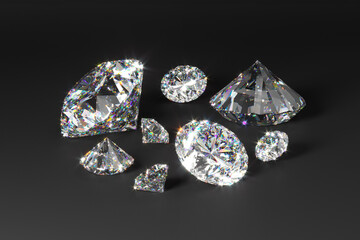 A scattering of diamonds of different sizes on a black background. Exhibition of precious stones. 3d rendering.