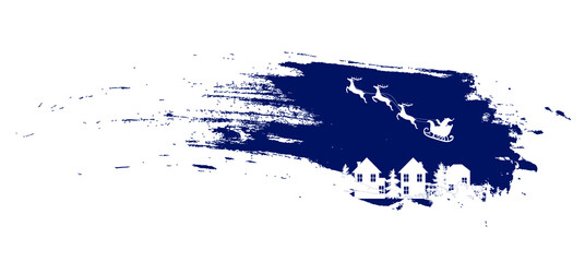 vector Christmas illustration, snowy town, and Santa Claus flying above the rooftops in his sleigh with reindeer, brush stroke