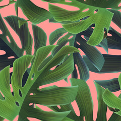 Tropical monstera leaves seamless pattern seamless leaves colorful background. Stylish design with colorful leaf