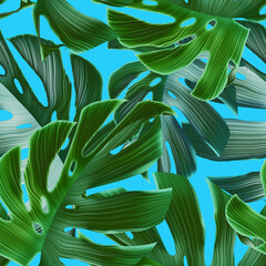 Plakat Tropical monstera leaves seamless pattern seamless leaves colorful background. Stylish design with colorful leaf