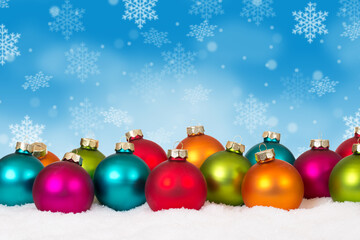 Christmas balls baubles many colorful background copyspace copy space card decoration snowflakes...