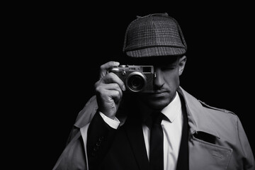 Old fashioned detective with camera on dark background, black and white effect