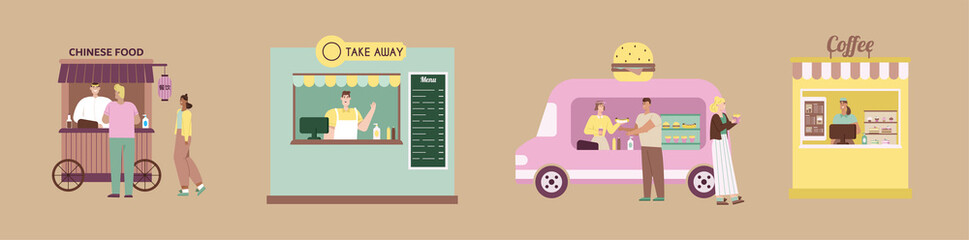 Take away food. Set of cafe. Flat vector illustration