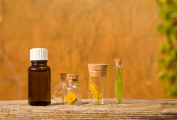 Bottle of essential oil with herbs, flowers. BACH