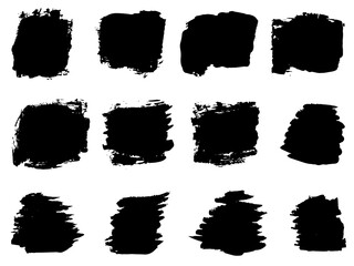 Vector collection or set of artistic black paint, ink or acrylic hand made creative brush stroke backgrounds isolated on white as grunge or grungy art, education abstract elements frame design