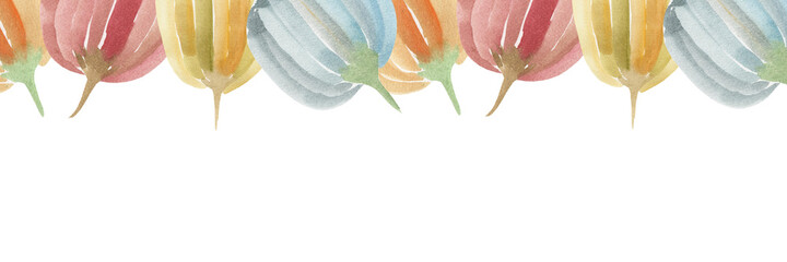 Frame from watercolor multicolored pumpkins. Autumn harvest, farm product, fruit, vegetable garden, halloween, festival, oktoberfest. © Милана Павлова