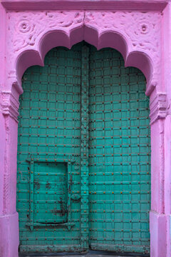 Traditional Indian Green Door And Pink Wall