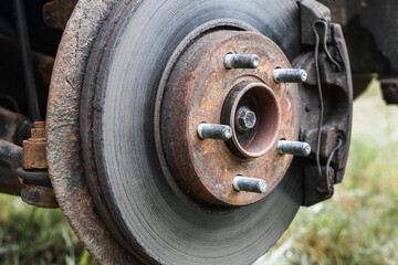 Rear wheel car suspension. Brake disc and wheel hub of a car. Stock photo