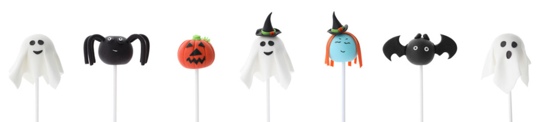 Set of Halloween themed cake pops on white background. Banner design