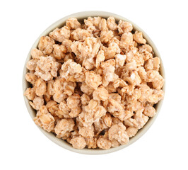 Tasty crispy granola in bowl isolated on white, top view
