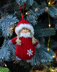 Cute baby girl snowman handmade. Red knitted fur coat and hat, cotton braids. Snow maiden doll...