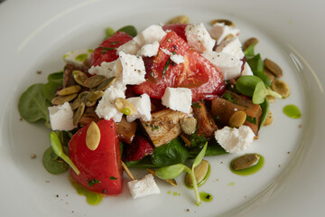 Greek vegetable salad with feta cheese. Shallow Dof.