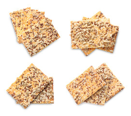 Set of tasty crispy crackers with different seeds on white background, top view