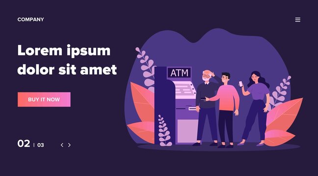 People helping senior man at ATM. Puzzled grandpa, credit card, mobile app using flat vector illustration. Old people support, banking concept for banner, website design or landing web page