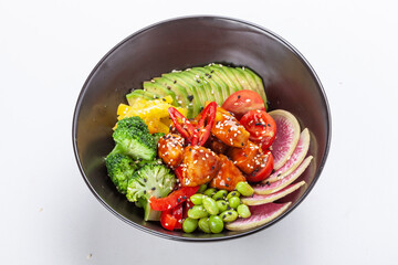 Organic food. Tuna poke bowl with crystal noodles, fresh red cabbadge, avocado, cherry tomatoes. Food concept poke bowl on white background, Top view, Closeup.