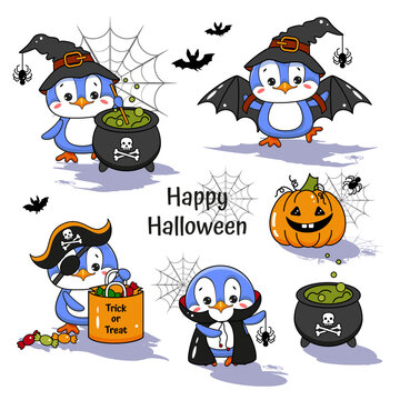 Cute Penguin Happy Halloween Set. Vector Illustration.