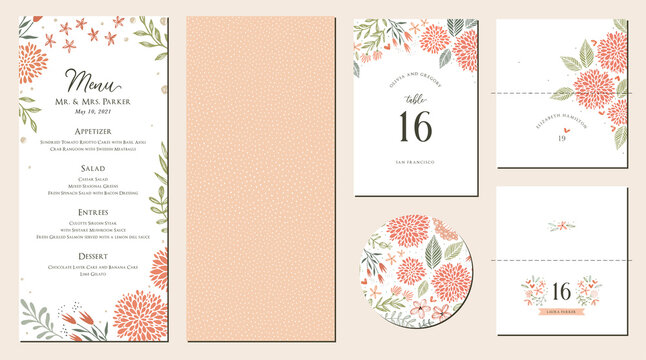 Universal hand drawn floral menu suite in warm colors perfect for an autumn or summer wedding and birthday invitations, and baby shower.