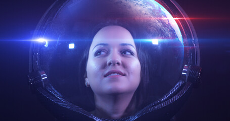 Portrait Shot Of The Young Smiling Female Astronaut In Space Helmet. She Is Exploring Outer Space In A Space Suit. Science And Technology Related 3D Illustration Render
