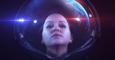 Portrait Shot Of The Young Smiling Female Astronaut In Space Helmet. She Is Exploring Outer Space In A Space Suit. Science And Technology Related 3D Illustration Render