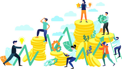 Vector illustration in a flat style. Teamwork. Conquering the peaks. Financial pyramid. Rivalry. Mountains of coins. Business idea.