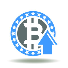 Bitcoin coin with arrow up icon vector. Cryptocurrency growth index ICO logo.