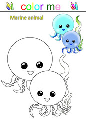 Illustration coloring book with images of sea animals. Children's pictures with colorful animals and a sketch for coloring on a white background close-up.