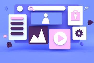 Web Site of a social network with pictures and videos. Screen on a blue background with flying figures. 3d rendering