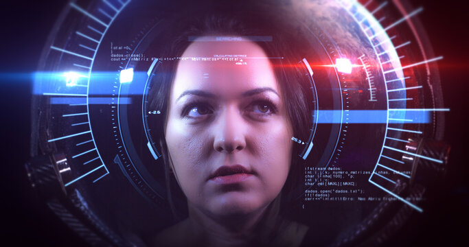 Close Up VFX Shot Of The Young Beautiful Female Astronaut In Space Helmet. She Is Exploring Outer Space In A Space Suit. Science And Technology Related VFX Concept 3D Illustration Render
