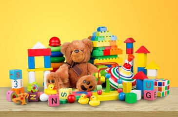 Many colorful toys collection on the desk