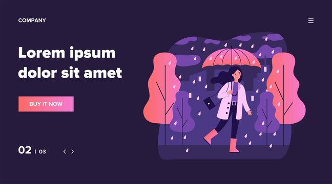 Happy smiling girl with umbrella walking in rainy day flat vector illustration. Woman staying outdoor in falling weather. Female character going in rain. Season, autumn and landscape concept