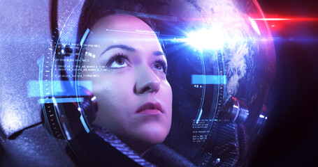 Close Up VFX Shot Of The Young Beautiful Female Astronaut In Space Helmet. She Is Exploring Outer Space In A Space Suit. Science And Technology Related VFX Concept 3D Illustration Render