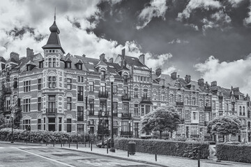 Gabled houses at Square Palmerston, European Quarter Brussels in black and white