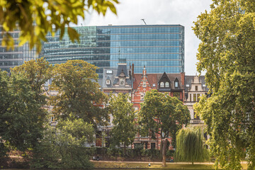 View over little pond at Square Marie-Louise in Brussels with Lex building in the background