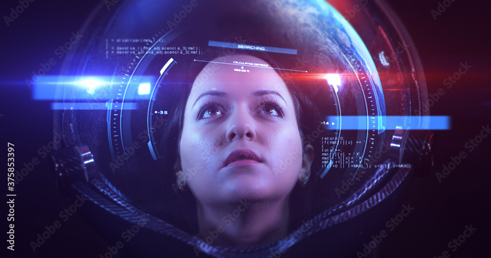 Poster young fearless beautiful female astronaut exploring the infinite space. she is exploring outer space