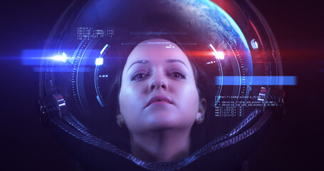 Portrait Shot Of The Young Smiling Female Astronaut In Space Helmet. She Is Exploring Outer Space In A Space Suit. Science And Technology Related VFX Concept 3D Illustration Render