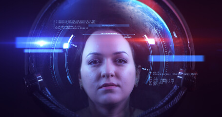 Portrait Shot Of The Young Smiling Female Astronaut In Space Helmet. She Is Exploring Outer Space In A Space Suit. Science And Technology Related VFX Concept 3D Illustration Render