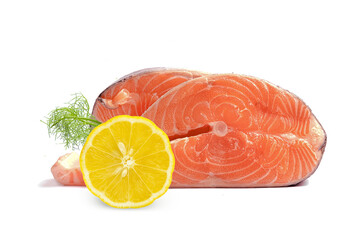 fresh trout steak with lemon and dill on a white background