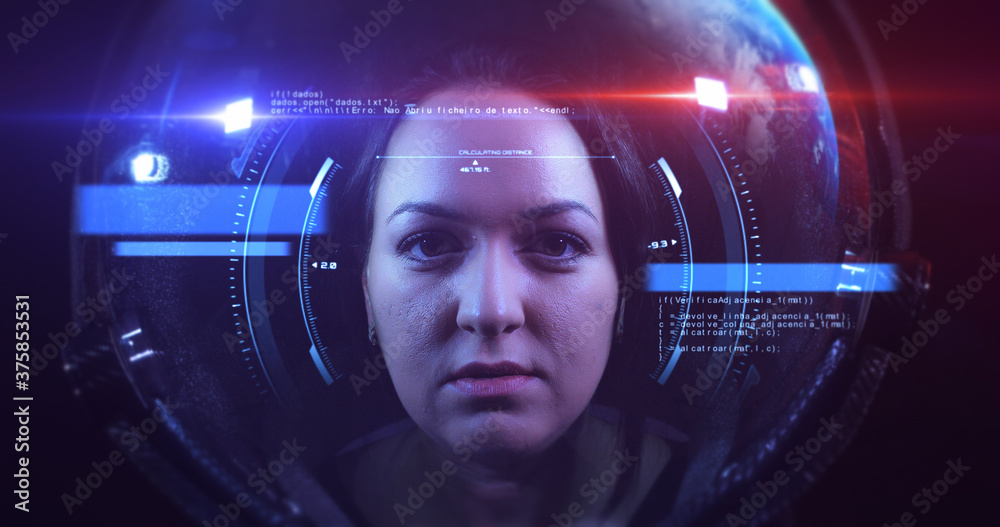 Poster young fearless beautiful female astronaut exploring the infinite space. she is exploring outer space