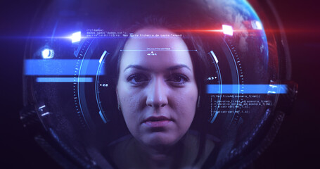Young Fearless Beautiful Female Astronaut Exploring The Infinite Space. She Is Exploring Outer Space In A Space Suit. Science And Technology Related VFX Concept 3D Illustration Render © Yucel Yilmaz
