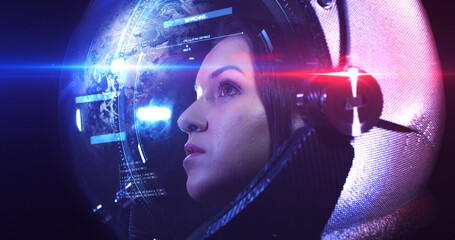 Young Beautiful Female Astronaut In Space Helmet Looking At Camera. She Is Exploring Outer Space In A Space Suit. Science And Technology Related VFX Concept 3D Illustration Render
