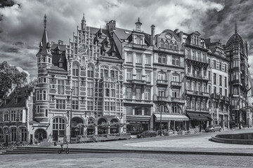 Historic gable houses on Mont des Arts in Brussels in black and white