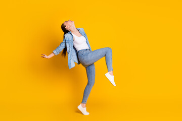 Full size profile side photo of content candid girl look copyspace up enjoy rejoice dance wear...