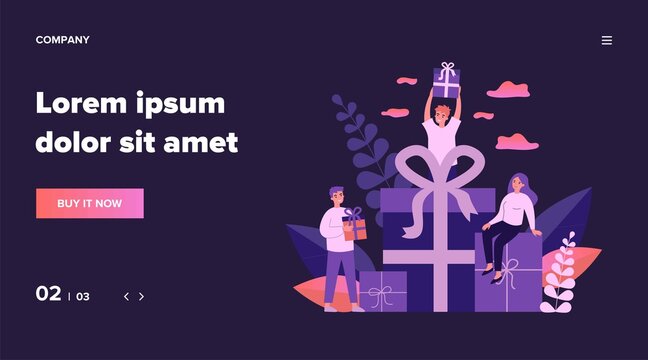 Loyal customers getting gifts and bonuses from store. Happy young people receiving gift boxes. Vector illustration for reward, loyalty program, promotion, marketing concept