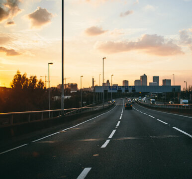 Sunset over a straight highway