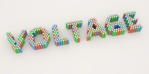 VOLTAGE text made with many batteries. Electrical technologies related 3d rendering