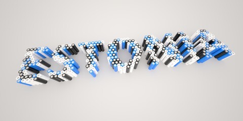 ESTONIA word made with batteries, wide shot. Modern electrical technologies conceptual 3d rendering