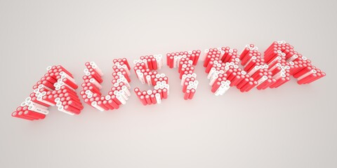 AUSTRIA word made with batteries, wide shot. Modern electrical technologies conceptual 3d rendering