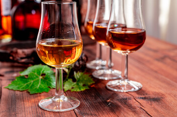 Tasting of aged french cognac brandy in old cellars of cognac-producing regions Champagne or Bois, France